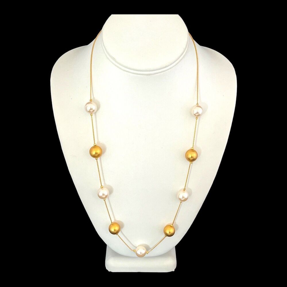 New Gold Tone Beaded Necklace Simulated Pearl - 4L